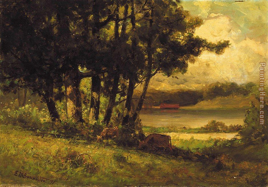 landscape with cows grazing near river painting - Edward Mitchell Bannister landscape with cows grazing near river art painting